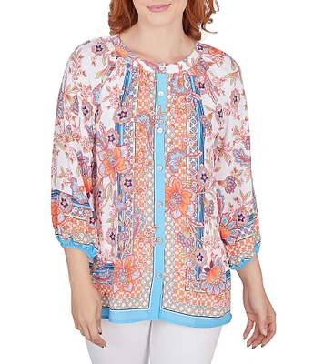 Ruby Rd. Petite Size Floral Border Print Woven Band Round Neckline 3/4 Sleeve Button-Front Top