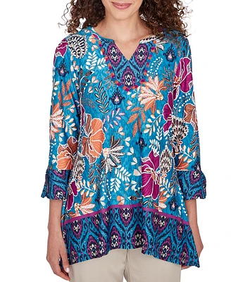 Ruby Rd. Petite Size Floral Contrast Border Print Fringe Trim Detail V-Neck 3/4 Sleeve Tunic Top