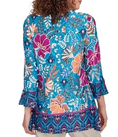 Ruby Rd. Petite Size Floral Contrast Border Print Fringe Trim Detail V-Neck 3/4 Sleeve Tunic Top