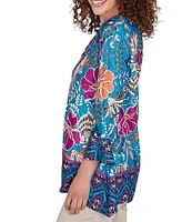 Ruby Rd. Petite Size Floral Contrast Border Print Fringe Trim Detail V-Neck 3/4 Sleeve Tunic Top