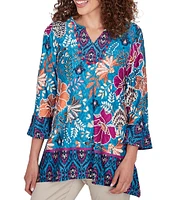 Ruby Rd. Petite Size Floral Contrast Border Print Fringe Trim Detail V-Neck 3/4 Sleeve Tunic Top