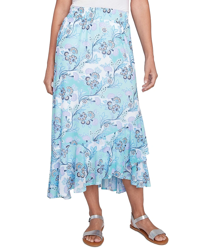Ruby Rd. Petite Size Floral Mesh Asymmetrical Ruffle Hem Pull-On Skirt