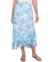 Ruby Rd. Petite Size Floral Mesh Asymmetrical Ruffle Hem Pull-On Skirt