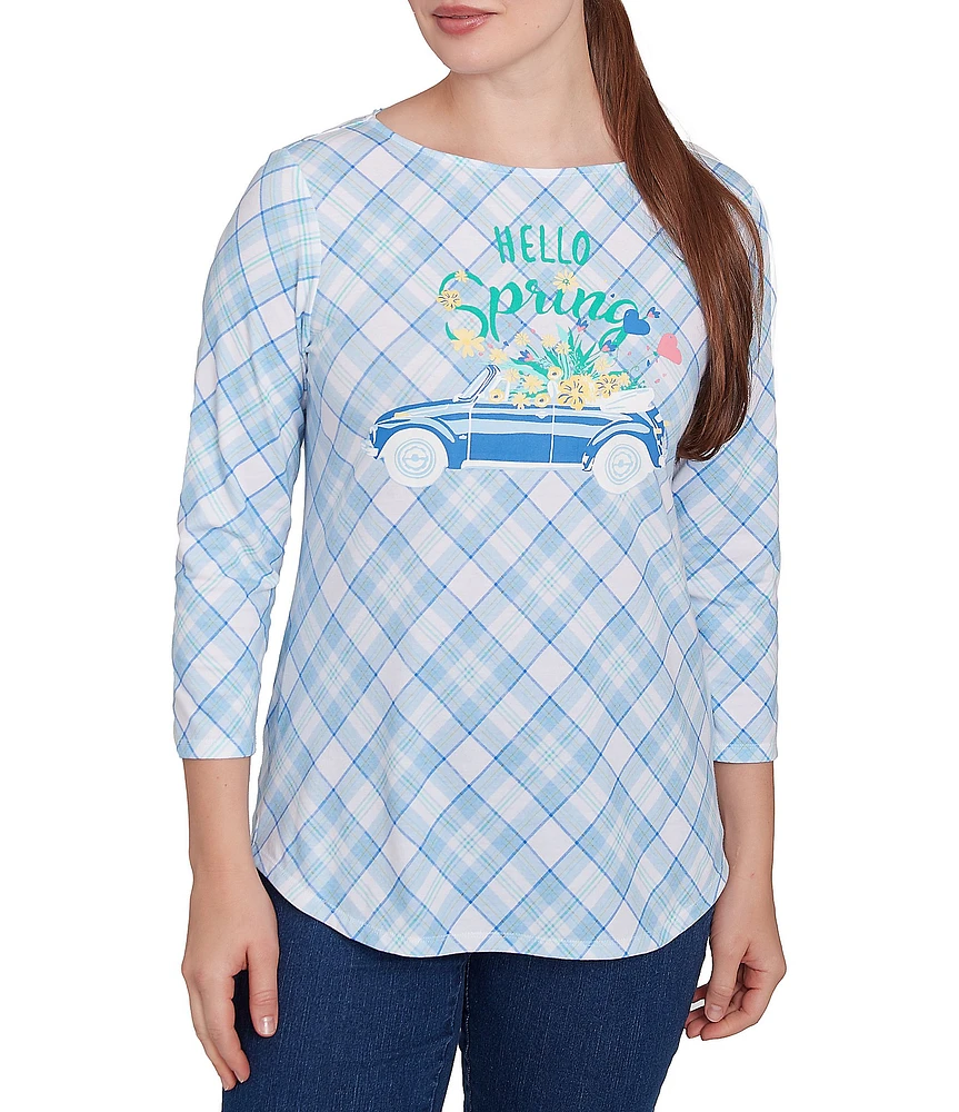 Ruby Rd. Petite Size Hello Spring Plaid Crew Neck 3/4 Sleeve Knit Top