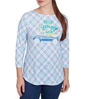 Ruby Rd. Petite Size Hello Spring Plaid Crew Neck 3/4 Sleeve Knit Top