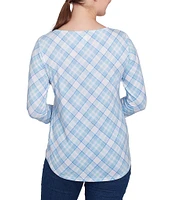 Ruby Rd. Petite Size Hello Spring Plaid Crew Neck 3/4 Sleeve Knit Top