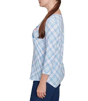 Ruby Rd. Petite Size Hello Spring Plaid Crew Neck 3/4 Sleeve Knit Top