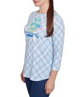 Ruby Rd. Petite Size Hello Spring Plaid Crew Neck 3/4 Sleeve Knit Top