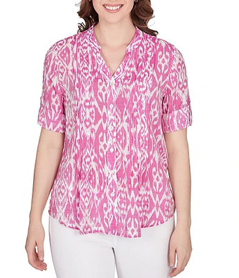 Ruby Rd. Petite Size Ikat Print Lotus Woven Band Collar Split V-Neck Roll-Tab Short Sleeve Pleat Detail Button-Down Blouse