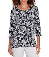 Ruby Rd. Petite Size Jacobean Print Scoop Neck 3/4 Sleeve Top