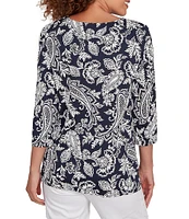 Ruby Rd. Petite Size Jacobean Print Scoop Neck 3/4 Sleeve Top