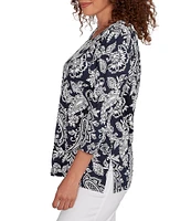 Ruby Rd. Petite Size Jacobean Print Scoop Neck 3/4 Sleeve Top