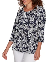 Ruby Rd. Petite Size Jacobean Print Scoop Neck 3/4 Sleeve Top