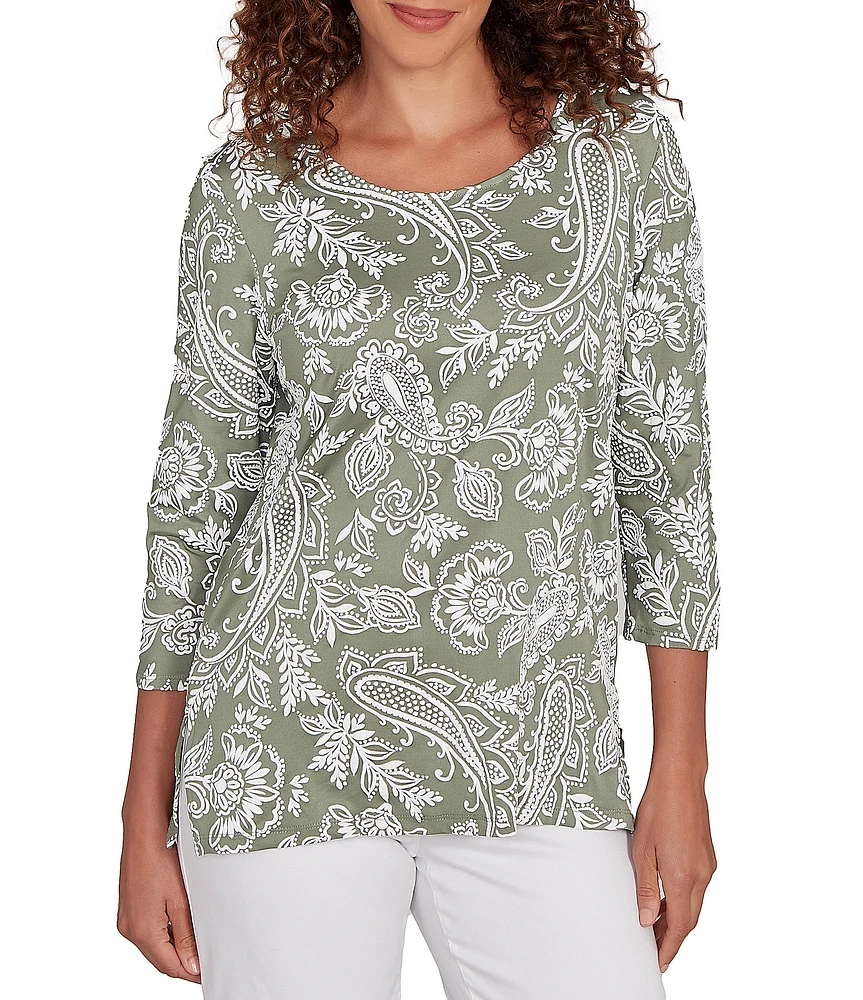 Ruby Rd. Petite Size Jacobean Print Scoop Neck 3/4 Sleeve Top