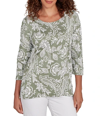 Ruby Rd. Petite Size Jacobean Print Scoop Neck 3/4 Sleeve Top