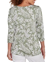 Ruby Rd. Petite Size Jacobean Print Scoop Neck 3/4 Sleeve Top