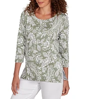 Ruby Rd. Petite Size Jacobean Print Scoop Neck 3/4 Sleeve Top