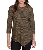 Ruby Rd. Petite Size Herringbone Jacquard Knit Cowl Neck 3/4 Sleeve Asymmetric Hem Top