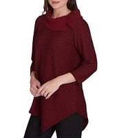 Ruby Rd. Petite Size Herringbone Jacquard Knit Cowl Neck 3/4 Sleeve Asymmetric Hem Top