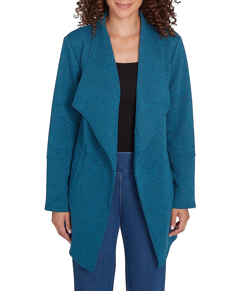 Ruby Rd. Petite Size Jacquard Knit Shawl Collar Long Sleeve Open-Front Winter Scroll Jacket