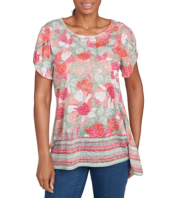 Ruby Rd. Petite Size Jersey Knit Floral Stripe Border Print Round Neck Short Sleeve Sharkbite Hem Top