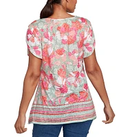 Ruby Rd. Petite Size Jersey Knit Floral Stripe Border Print Round Neck Short Sleeve Sharkbite Hem Top