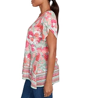 Ruby Rd. Petite Size Jersey Knit Floral Stripe Border Print Round Neck Short Sleeve Sharkbite Hem Top