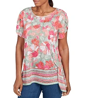 Ruby Rd. Petite Size Jersey Knit Floral Stripe Border Print Round Neck Short Sleeve Sharkbite Hem Top