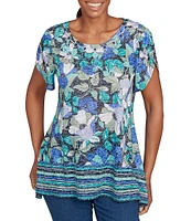 Ruby Rd. Petite Size Jersey Knit Floral Stripe Border Print Round Neck Short Sleeve Sharkbite Hem Top