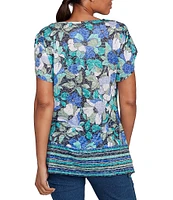 Ruby Rd. Petite Size Jersey Knit Floral Stripe Border Print Round Neck Short Sleeve Sharkbite Hem Top