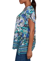 Ruby Rd. Petite Size Jersey Knit Floral Stripe Border Print Round Neck Short Sleeve Sharkbite Hem Top