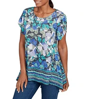 Ruby Rd. Petite Size Jersey Knit Floral Stripe Border Print Round Neck Short Sleeve Sharkbite Hem Top
