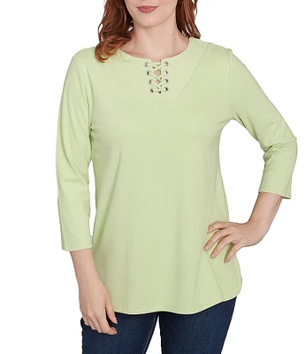 Ruby Rd. Petite Size Knit 3/4 Sleeve Split V-Neck Lacing Rib Top