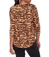 Ruby Rd. Petite Size Knit Animal Print Keyhole Ring Detail 3/4 Sleeve Dew Drop Accent Top