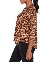 Ruby Rd. Petite Size Knit Animal Print Keyhole Ring Detail 3/4 Sleeve Dew Drop Accent Top