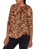 Ruby Rd. Petite Size Knit Animal Print Keyhole Ring Detail 3/4 Sleeve Dew Drop Accent Top