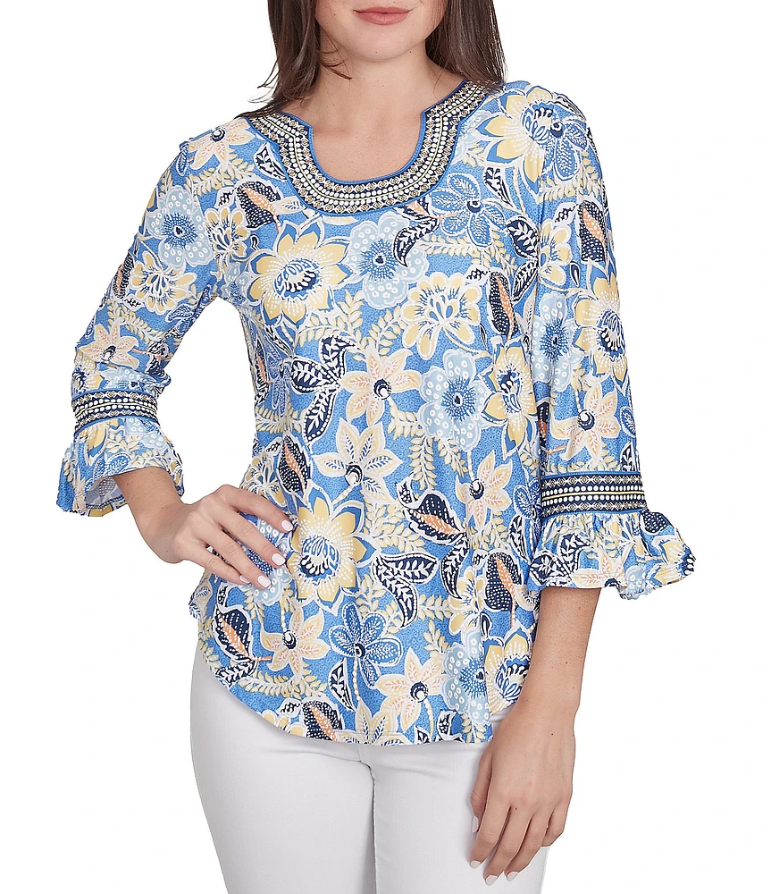 Ruby Rd. Petite Size Knit Bohemian Floral Print Contrast Horseshoe Neck 3/4 Ruffle Sleeve Top