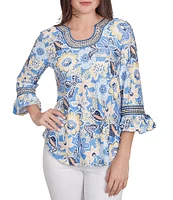 Ruby Rd. Petite Size Knit Bohemian Floral Print Contrast Horseshoe Neck 3/4 Ruffle Sleeve Top