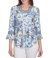 Ruby Rd. Petite Size Knit Bohemian Floral Print Contrast Horseshoe Neck 3/4 Ruffle Sleeve Top