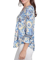 Ruby Rd. Petite Size Knit Bohemian Floral Print Contrast Horseshoe Neck 3/4 Ruffle Sleeve Top