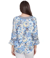 Ruby Rd. Petite Size Knit Bohemian Floral Print Contrast Horseshoe Neck 3/4 Ruffle Sleeve Top