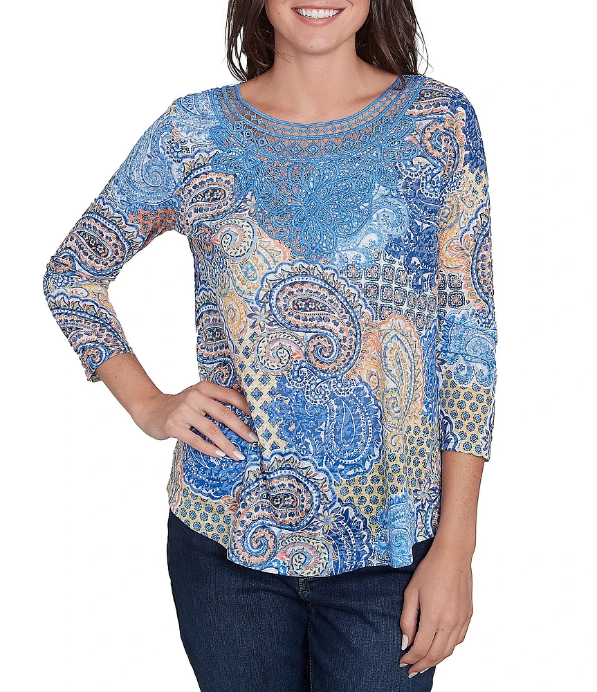 Ruby Rd. Petite Size Knit Embellished Mixed Paisley Print Metallic Studded Lace Applique Scoop Neck 3/4 Sleeve Top