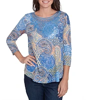 Ruby Rd. Petite Size Knit Embellished Mixed Paisley Print Metallic Studded Lace Applique Scoop Neck 3/4 Sleeve Top