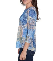 Ruby Rd. Petite Size Knit Embellished Mixed Paisley Print Metallic Studded Lace Applique Scoop Neck 3/4 Sleeve Top
