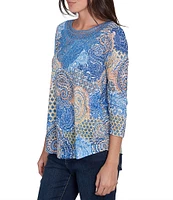 Ruby Rd. Petite Size Knit Embellished Mixed Paisley Print Metallic Studded Lace Applique Scoop Neck 3/4 Sleeve Top