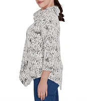 Ruby Rd. Petite Size Knit Faux Fois Bois Print Split Cowl Neck 3/4 Sleeve Asymmetric Hem Sweater