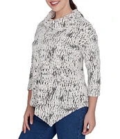 Ruby Rd. Petite Size Knit Faux Fois Bois Print Split Cowl Neck 3/4 Sleeve Asymmetric Hem Sweater