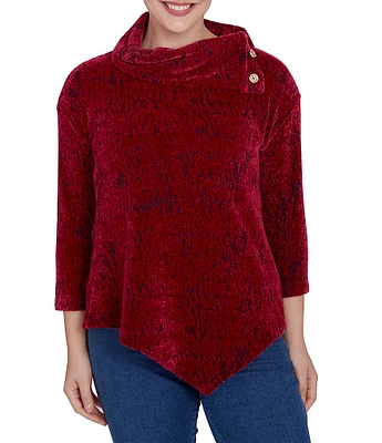 Ruby Rd. Petite Size Knit Faux Fois Bois Print Split Cowl Neck 3/4 Sleeve Asymmetric Hem Sweater