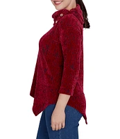 Ruby Rd. Petite Size Knit Faux Fois Bois Print Split Cowl Neck 3/4 Sleeve Asymmetric Hem Sweater