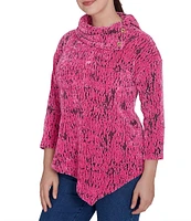 Ruby Rd. Petite Size Knit Faux Fois Bois Print Split Cowl Neck 3/4 Sleeve Asymmetric Hem Sweater